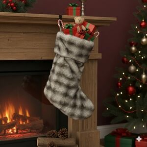 Tahari Home Faux Fur Christmas Stocking w/ Rustic Bells